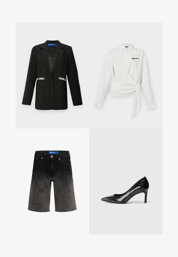 Fekete zakó testhez szabott fazonnal, egysoros gombos záródással, két elülső zsebbel és "Karl" logós díszítésekkel az oldalán. Simaságot sugalló anyagtextúra.; Fehér, hosszú ujjú ing, átkapcsolható dizájnnal, gombos frontrésszel, hegyes gallérral és fekete hímzett logóval a mellrészen. Simító pamutszerkezet.; Fekete farmer rövidnadrág, amely sötétről világosra halványodik. Számtalan elhasználtságot mutató szegéllyel, két elülső zsebbel és egy márkázott kék címkével rendelkezik a derékrészen.; Fekete, hegyes orrú, magas sarkú cipők fényes felülettel és visszafogott mintázattal. Mérsékelt sarokkal és nyitott vápa dizájnnal rendelkeznek.