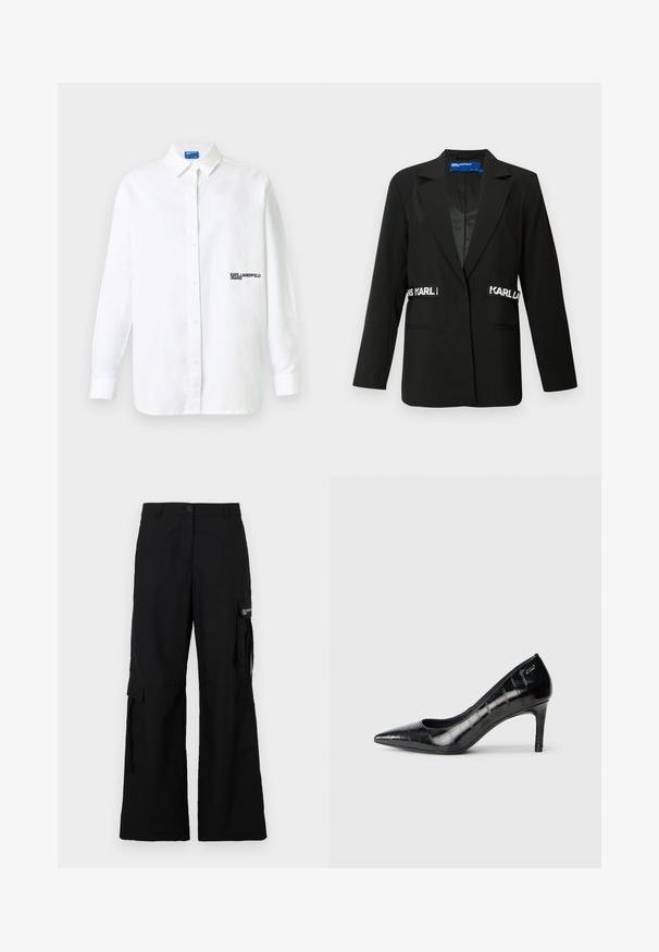 Black blazer with a tailored fit, single-button closure, two front pockets, and "Karl" logo accents on the sides. Smooth fabric texture.; White long-sleeve button-down shirt with collar and "KARL LAGERFELD JEANS" black text logo on left chest.; Black cargo trousers with a wide leg design, featuring side pockets, a button closure, and made from a lightweight fabric.; Black pointed-toe high heels with a glossy finish and subtle textured pattern. Features a moderate heel and open throat design.