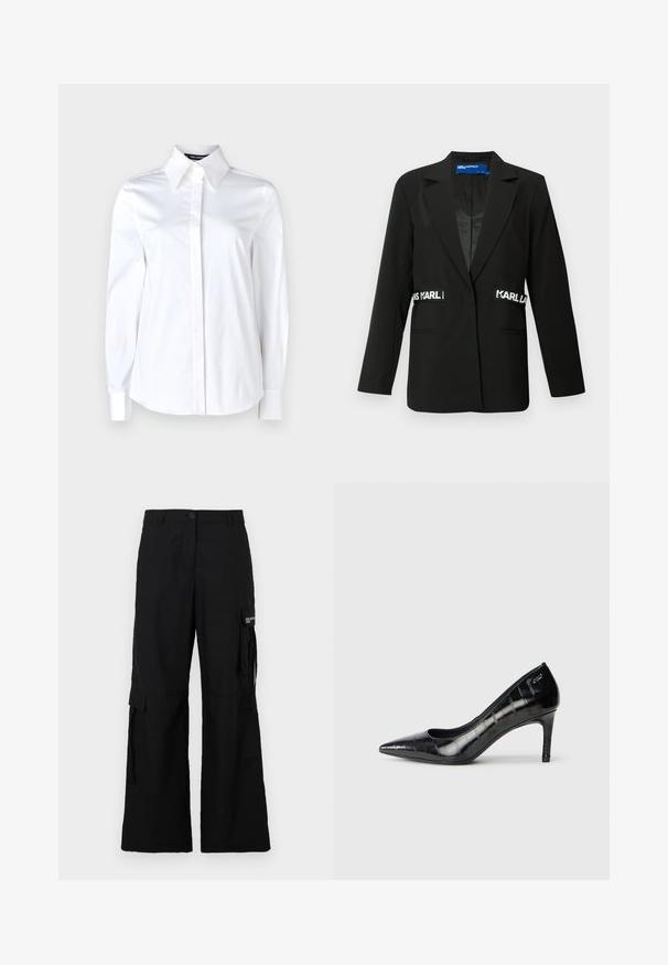 Juodas bleiseris su pritaikytu siluetu, vieno mygtuko užsegimu, dviem priekinėm kišenėm ir "Karl" logotipo akcentais šonuose. Lygus audinio paviršius.; Balta ilga rankovėmis marškiniai, pasiūti iš medvilnės, su smailiu apykakle ir suapvalintu kraštu, turintys lygų paviršių ir be matomų raštų.; Juodos cargo kelnės su plačia kojų forma, turinčios šonines kišenes, užsegimą su mygtuku ir pagamintos iš lengvo audinio.; Juodi smailėmis žeminti aukštakulniai bateliai su blizgiu paviršiumi ir subtiliu tekstūriniu raštu. Turintys vidutinio aukščio kulną ir atvirą gerklės dizainą.