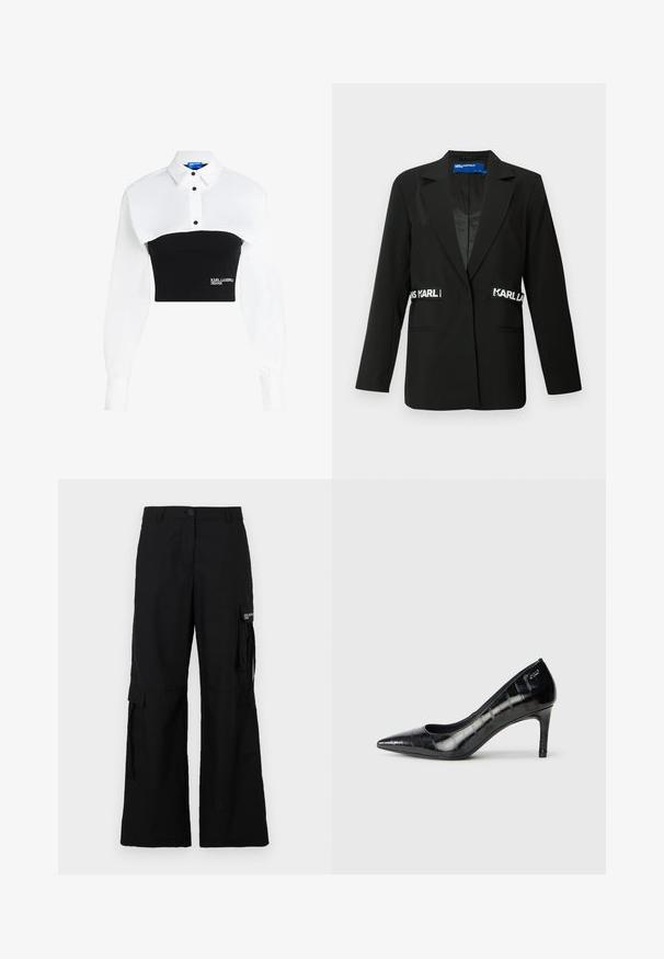 Must mustris, mille reguleeritud lõikega, üheribaline kinnitamine, kaks esikappi ja "Karl" logo aktsendid külgedel. Sile kangastekstuuri.; Lühem shirt, millel on valge kraega ülemine osa ja must kitsas allosa, nööbikaunistusega ning "KARL LAGERFELD JEANS" logo esiküljel.; Mustad cargo püksid laia säärega, küljetaskute ja nupuga kinnitusega, valmistatud kergest kangast.; Mustad varvastega mustad kõrged kontsad läikiva viimistluse ja peene tekstuuriga mustriga. Omab mõõdukat kontsa ja avatud kaela disaini.