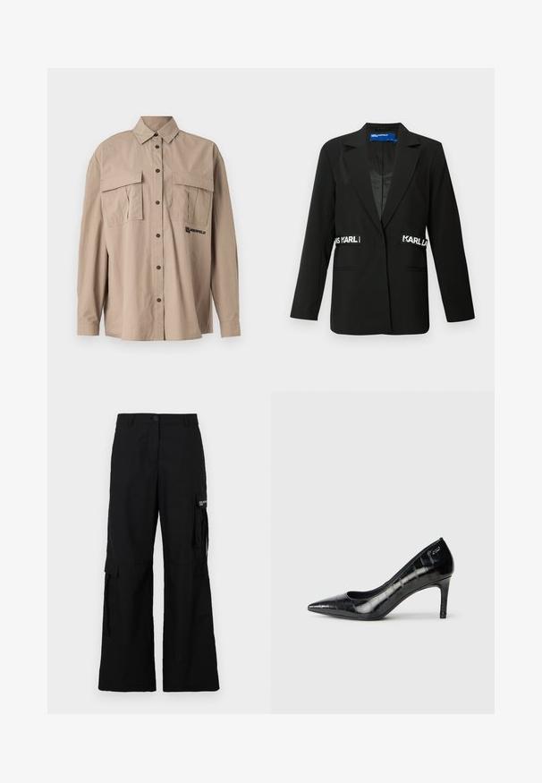Blazer preto com um corte ajustado, fecho de botão único, dois bolsos frontais e detalhes com o logótipo "Karl" nas laterais. Textura de tecido suave.; Camisa de botão bege feita de tecido leve, com dois bolsos no peito, um colarinho clássico e bordado do logo preto no lado esquerdo.; Calças cargo pretas com um design de perna larga, apresentando bolsos laterais, fecho de botão e feitas de um tecido leve.; Sapatos de salto alto pretos, com bico fino, acabamento brilhante e padrão texturado subtil. Apresentam um salto moderado e um design com abertura na garganta.