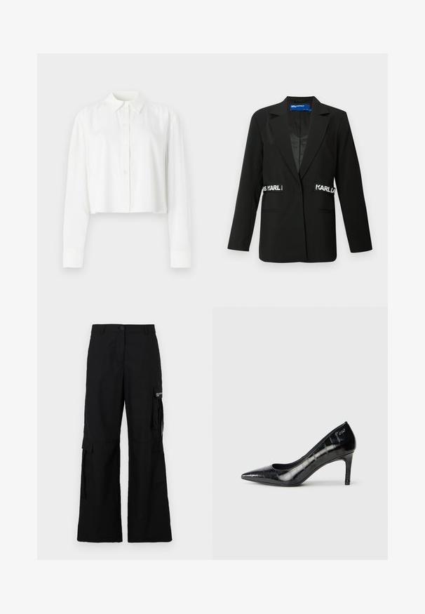 Black blazer with a tailored fit, single-button closure, two front pockets, and "Karl" logo accents on the sides. Smooth fabric texture.; Cropped white long-sleeve shirt made of smooth fabric, featuring a classic collar and button-up front. Simple design with no patterns.; Black cargo trousers with a wide leg design, featuring side pockets, a button closure, and made from a lightweight fabric.; Black pointed-toe high heels with a glossy finish and subtle textured pattern. Features a moderate heel and open throat design.