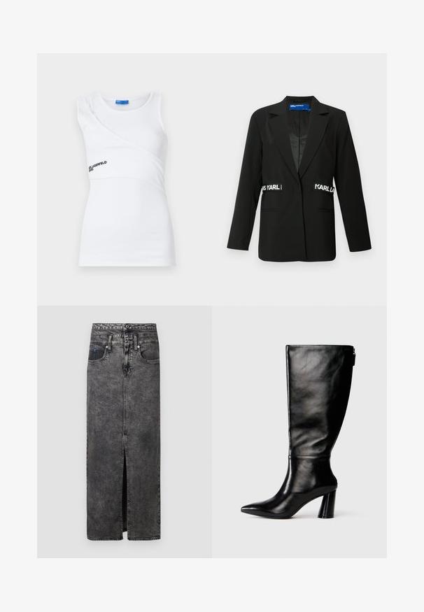Sacou negru cu croială ajustată, închidere cu un singur nasture, două buzunare frontale și accente cu logo-ul "Karl" pe laterale. Textură de țesătură netedă.; Top alb cu dungi, cu design asimetric, având un bretele pe umăr și un logo subtil negru pe partea din față.; Fustă maxi din denim negru, cu o deschidere frontală, având un tiv, găici pentru curea și două buzunare. Suprafață ușor texturată, cu zone estompate.; Cizme negre din piele până la genunchi, cu vârf ascuțit, textură netedă și toc robust. Include un detaliu cu fermoar la spate.
