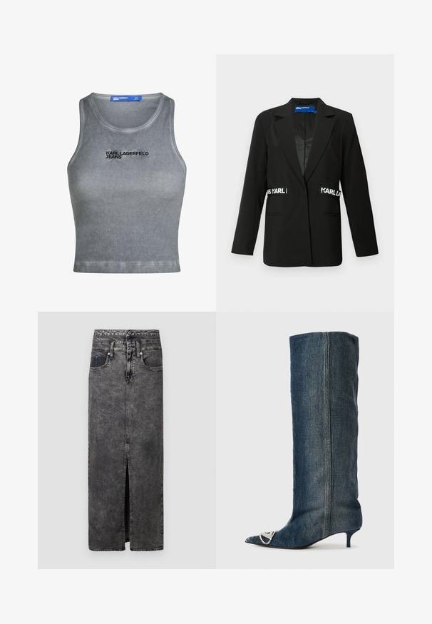 Blazer preto com um corte ajustado, fecho de botão único, dois bolsos frontais e detalhes com o logótipo "Karl" nas laterais. Textura de tecido suave.; Camisola de alças cinza com decote redondo. Apresenta "KARL LAGERFELD JEANS" bordado em preto. Textura suave, comprimento cropped.; Saias maxi de ganga preta com uma abertura frontal, apresentando uma cintura, passantes para cinto e dois bolsos. Superfície levemente texturizada com áreas desbotadas.; Bota de ganga até ao joelho com bico fino, detalhe em prata, salto fino e baixo, com acabamento liso e texturizado.