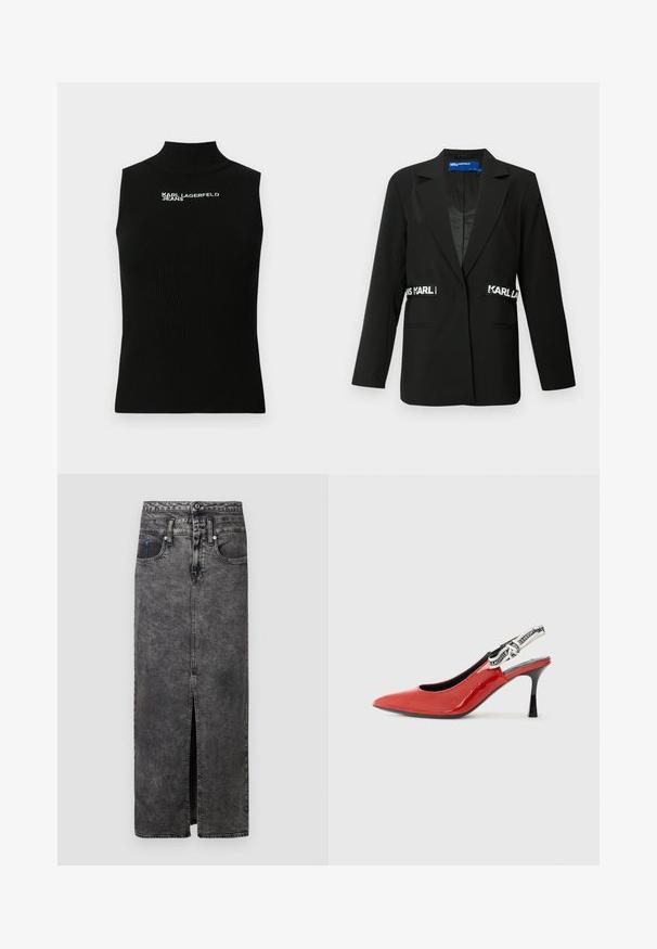 Melna žakete ar piegriezuma piemērotību, vienu pogu aizdari, divām priekšējām kabatām un "Karl" logo akcentiem sānos. Gluda auduma tekstūra.; Melnas bezroku ribots adīts tops ar augstu apkakli un baltu "Karl Lagerfeld Jeans" logotipu uzdrukātu uz krūšu augšdaļas.; Melnas džinsas maximā skaidrs ar priekšējo atvērumu, kas aprīkots ar jostu, jostas cilpiņām un divām kabatām. Nedaudz strukturēta virsma ar izbalinātiem laukumiem.; Sarkans patentā ādas slingback kurpes ar smailu purngalu, melnu papēdi un dekoratīvu auduma jostu ar atkārtotu logotipa rakstu.