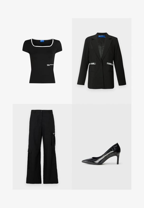 Svart blazer med en skräddarsydd passform, enkelknäppning, två framfickor och "Karl"-logotypdetaljer på sidorna. Slät tygtextur.; Svart t-skjorte med firkantet hals, korte ermer og hvit kanting. Har "KARL LAGERFELD JEANS" logo på nederste venstre side.; Sorte cargo bukser med bred ben-design, som har sidelommer, knaplukning og er lavet af et let stof.; Sorte spisse høye hæler med en blank finish og et subtilt teksturmønster. Har en moderat hæl og åpen halsdesign.