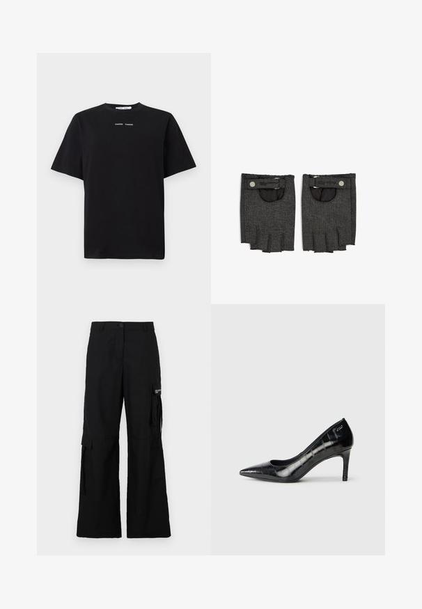 Czarna marynarka o dopasowanym kroju, z pojedynczym zapięciem na guzik, dwoma przednimi kieszeniami i akcentami logo "Karl" po bokach. Gładka faktura tkaniny.; Czarny t-shirt z krótkim rękawem wykonany z bawełny, z okrągłym dekoltem i dwoma małymi białymi logo umieszczonymi na środku przodu. Gładka faktura.; Czarne spodnie cargo o szerokiej nogawce, wyposażone w boczne kieszenie, z zapięciem na guzik, wykonane z lekkiego materiału.; Czarne szpilki z ostrym noskiem, o błyszczącej powierzchni i subtelnym wzorze tekstury. Posiadają umiarkowaną wysokość obcasa oraz otwarty dekolt.; Czarne jeansowe rękawiczki bez palców o teksturowanym wykończeniu, z zapięciem na nap oraz otwartą kieszonką w okolicy nadgarstka.