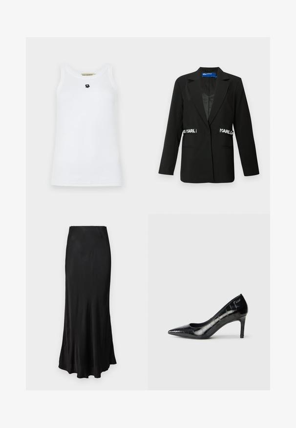 Sacou negru cu croială ajustată, închidere cu un singur nasture, două buzunare frontale și accente cu logo-ul "Karl" pe laterale. Textură de țesătură netedă.; Top alb fără mâneci, realizat din bumbac, cu un decolteu rotund și un mic logo cu un ursuleț negru în centru. Textură netedă.; Fustă maxi din satin negru cu textură netedă, ajustată în talie, evazată ușor spre tiv, cu un design simplu și curat.; Pantofi cu toc înalt, cu vârful ascuțit, de culoare neagră, cu un finisaj lucios și un model texturat subtil. Au un toc de înălțime moderată și un design cu gât deschis.