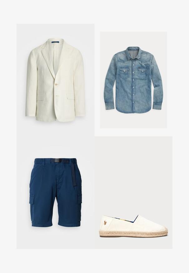 Blazer en lin crème clair avec une fermeture à un bouton, revers crantés, deux poches avant et une texture subtile.; Chemise en denim de couleur bleu clair, avec un col pointu, des manches longues, deux poches poitrine et des fermetures à bouton-pression. Design classique de style western.; T-shirt en coton blanc à manches courtes, col rond et poche poitrine. Présente un logo marine sur la poche. Texture lisse, coupe classique.; Shorts de travail bleu marine en tissu léger, avec une taille ceinturée, des poches latérales et une texture subtile.; Espadrille en toile de couleur écru avec une semelle en corde. Présente un revêtement intérieur à motifs bleus et un petit logo brodé sur le talon.