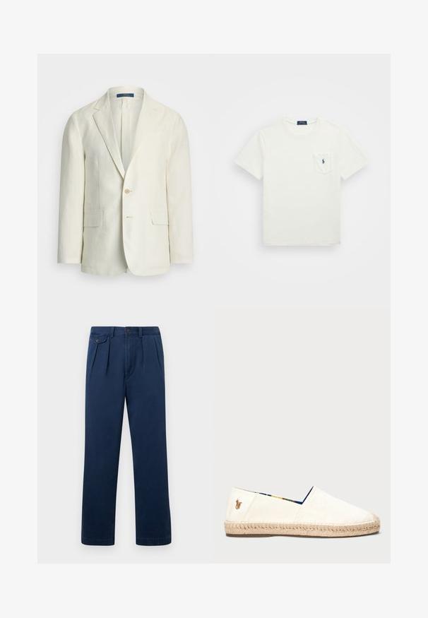 Svetlá krémová ľanová blejzer s jedným gombíkom, s klasickými klopami, dvoma prednými vreckami a jemnou textúrou.; Biele bavlnené tričko s krátkymi rukávmi, okrúhlym výstrihom a vreckom na hrudi. Na vrecku je námornícky modré logo. Hladká textúra, klasický strih.; Denimová košela v svetlomodrej farbe, s špicatým golierom, dlhými rukávmi, dvoma náprsnými vreckami a cvokovými gombíkmi. Klasický dizajn v západnom štýle.; Námořnickomodré pohodlné nohavice s předními skladbami, poutek na opasek, bočními kapsami a kapsou na knoflík na pravé straně.; Plátěné espadrilky v smotanovej farbe s povrchom z juty. Obsahujú modro vzorovanú podšívku a malé vyšívané logo na päte.