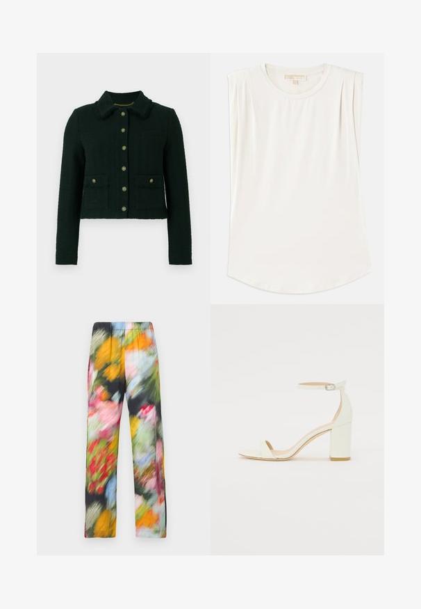 Dark green cropped jacket with a textured fabric, featuring a collar, gold buttons, and two front pockets with a frayed edge detail.; White sleeveless top made of smooth fabric, featuring a round neck and subtle pleats on the shoulders, with a curved hemline.; Floral-patterned, lightweight pants with an elastic waistband, featuring a blend of vibrant colors including pink, yellow, green, and blue.; White leather block-heel sandal featuring an ankle strap with a buckle and minimalist design. Open toe and smooth textures throughout.