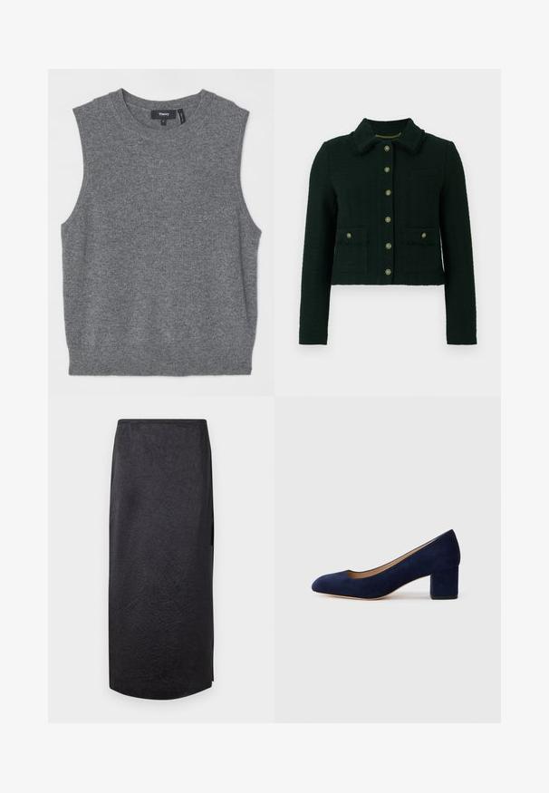 Dark green cropped jacket with a textured fabric, featuring a collar, gold buttons, and two front pockets with a frayed edge detail.; Theory Top - light charcoal; Black midi skirt with a crinkled texture, straight cut, and side slit. Material appears lightweight. Hemline is slightly rounded.; Navy blue suede pump with a pointed toe and a mid-height block heel. Smooth texture with a subtle sheen and a small cutout at the front.