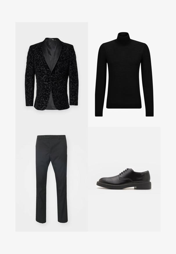 Selected Homme SLHSLIM EDDIE SHAWL  - Uzvalka žakete - black; Melnā augstā kakla džemperis, kas izgatavots no mīksta materiāla, ar garām piedurknēm un pieguļušu piegriezumu. Ribota apdare ap apakšu un piedurknēm. Vienkāršs dizains.; Melnas taisnas kājas bikses, izgatavotas no izturīga auduma, ar pogu aizdari un jostu cilpiņām, gluda tekstūra bez redzamām rakstu izmaiņām.; Melna āda sašūta kurpe ar noapaļotu purngalu, gludu tekstūru, minimālu šuvju skaitu un zemu gumijas papēdi. Logo uz papēža.
