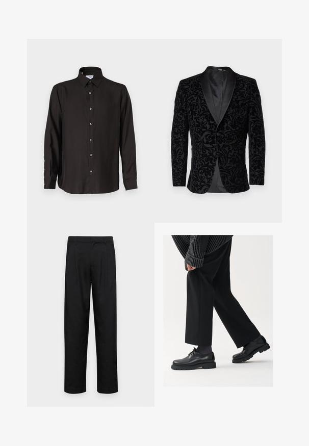 Selected Homme SLHSLIM EDDIE SHAWL - Kostiuminis švarkas - black; Juodas ilgomis rankovėmis marškinys, pagamintas iš lygios medžiagos, su mygtukų užsegimu, smailiu apykakle ir suapvalintu kraštu, turintis kontrastingus mygtukus.; Juodi kelnių modeliai, pagaminti iš lygios medžiagos, turi tiesią kojas, du priekiniai klostės ir standartinę juosmenį su diržo kilpomis.; Juodos odinės kojinės su apvalia nosimi, raištelių dizainu ir storu, tekstūriniu padu. Dėvimos su pritaikytomis juodomis kelnėmis ir liniuotėmis megztiniu.
