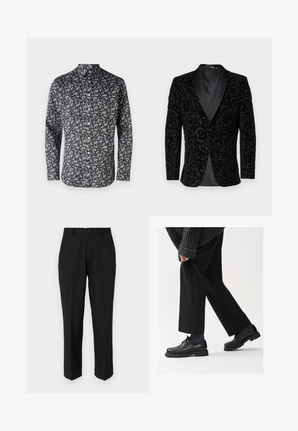 Selected Homme SLHSLIM EDDIE SHAWL - Kostiuminis švarkas - black; Selected Homme SLHSLIM PERFORMANCE SHIRT - Marškiniai - black paisley; Juodos kelnės, pagamintos iš lygaus audinio, su tiesiu krepšeliu, priekinėmis kišenėmis, vieno mygtuko užsegimu ir be matomų raštų.; Juodos odinės kojinės su apvalia nosimi, raištelių dizainu ir storu, tekstūriniu padu. Dėvimos su pritaikytomis juodomis kelnėmis ir liniuotėmis megztiniu.