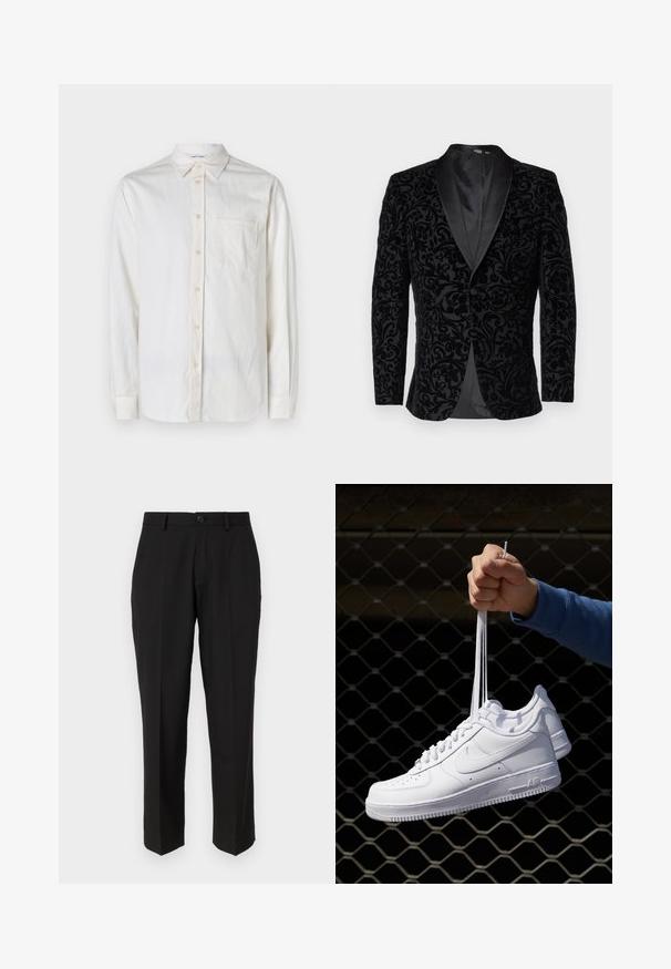Selected Homme SLHSLIM EDDIE SHAWL - Kostymkavaj - black; Långärmad vit skjorta i strukturerad tyg med knapp-down krage, bröstficka och knäppningar längs placket och ärmslut.; Svarta byxor i slät tygkvalitet, med rak bendesign, framfickor, en enkel knappstängning och utan synliga mönster.; Vita lädersneakers med perforeringar, rund tå, platt sula och tjocka snörning, med en synlig swoosh-logga och "AIR" på hälen.