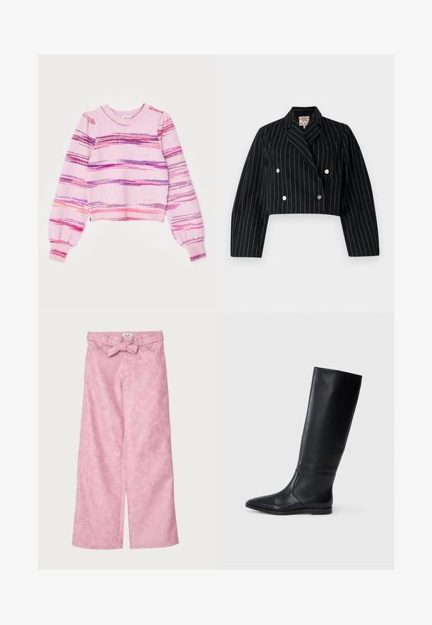 Lyhyet mustasta kankaasta valmistetut kaksiriviset takki, jossa on pystysuorat siniset raidat, hopeanväriset napit ja viisto kaulus.; Virkat svetter i lys rosa med vandrette striber i lilla, orange og rød. Har lange, udblæste ærmer og en rund halsudskæring.; Vaaleanpunaiset, leveälahkeiset housut, joissa on sileä ja teksturoitu pinta. Varustettu vyöllä ja eturei'illä helman kohdalla.; Mustat nahkaiset polvipituiset saappaat, joissa on terävä kärki ja minimaalinen muotoilu. Sujuva pinta ja tasapohja, joissa on huomaamattomat sivusaumadetailit.