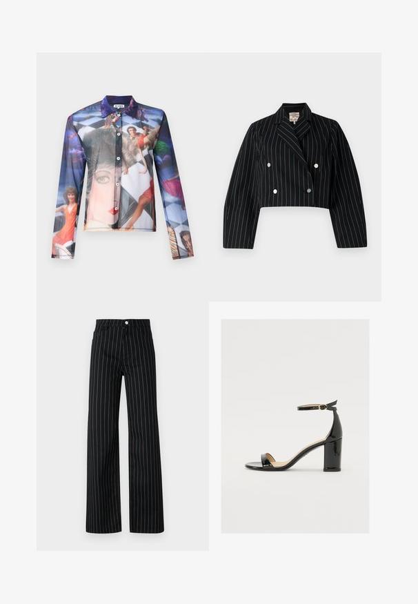 Fekete anyagból készült, vertikális kék csíkos, cropped kétsoros zakó ezüst gombokkal és nyakkivágással.; Áttetsző, gombos ing, amely színes fényképes nyomattal rendelkezik dinamikus pózban lévő emberekről, klasszikus gallérral és hosszú ujjakkal.; Fekete, széles szárú nadrág, függőleges kék csíkozással, klasszikus öt zsebes kialakítással és elöl gombos záródással.; Fekete lakkbőr szandál széles sarokkal, nyitott orral és bokapánttal, amelyen arany csat található. Sima felület és elegáns dizájn.