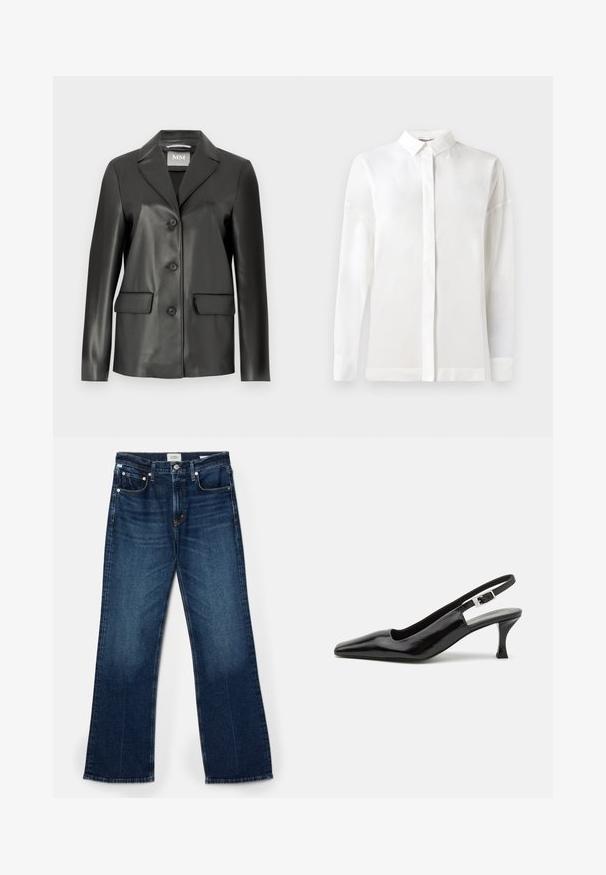 Black faux leather blazer with a notched lapel, four button front, and two front pockets. Smooth texture and tailored shape.; White long-sleeve shirt with a buttoned collar, smooth texture, straight cut, and hidden placket. Soft, lightweight fabric with no patterns.; Dark blue denim jeans, wide-leg cut, five-pocket style, visible stitching accents, and a smooth texture with slight fading.; Black patent slingback high-heel shoes with a pointed toe and a silver buckle detail at the heel, featuring a smooth, glossy finish.