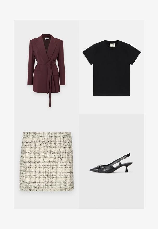 Burgundiipunane bleiser pikkade varrukatega, süvendiõmblustega krae, esitaskud ja vöökohal seotud vöö. Sile kangas ja kohandatud lõige.; Must valge lühikeste varrukatega T-särk ümarast kaelusest mustal taustal, mille krae sees on valge silt, kus on kirjas "D.R.C. EST. 2002".; Kreemjas ja mustas toonis tweedist mini seelik, millel on tekstuuriga muster, sirge lõige ja frantsi ääredetailid.; Must must have must toote tõmblukuga, dekoratiivsed rihmad metallist silmadega ja madal blokk-kand. Tekstureeritud pind.