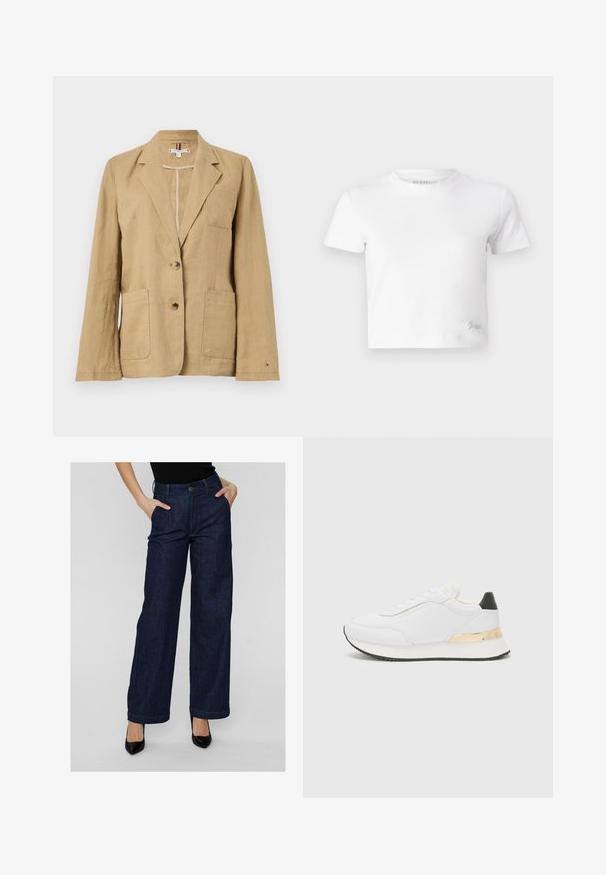 Beige Leinenblazer mit Reverskragen, zwei Vordertaschen und zwei Knopfverschlüssen. Verfügt über eine einzelne Brusttasche und sichtbare Nähdetails.; Weißes, kurzes T-Shirt aus glattem Baumwoll-Stoff mit hohem Ausschnitt und kurzen Ärmeln. Kleines besticktes Logo in der unteren Ecke.; Dunkelblaue, weit geschnittene Jeans aus Denim mit hoher Taille, Gürtelschlaufen, vorderen Taschen und einem sauberen Saumfinish.; Weißer Sneaker mit einer glatten Oberfläche, ausgestattet mit einem schwarzen Akzent an der Ferse und einem goldenen metallischen Detail an der Zwischensohle. Schnürdesign, gummierte Sohle.