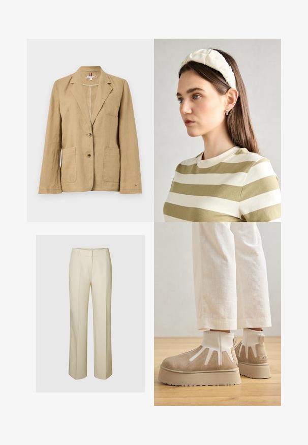 Blazer de lino beige con solapa de muesca, dos bolsillos frontales y dos cierres de botón. Presenta un bolsillo en el pecho y detalles de costura visibles.; Top de punto acanalado crema con un cuello alto, mangas largas y acampanadas, y un dobladillo tipo peplum. La tela texturizada añade interés visual.; Pantalones de pierna ancha en color beige con un diseño a medida, que presentan un frente plano, bolsillos laterales y una tela suave y texturizada.; Botas de tobillo de gamuza beige con una suela de plataforma gruesa y un elástico blanco en los laterales. Presenta un diseño recortado y un logo en el talón.; Diadema acolchada crema con diseño trenzado, acompañada de una camiseta de rayas beige y blanca con cuello redondo. Sutiles acentos de joyería.