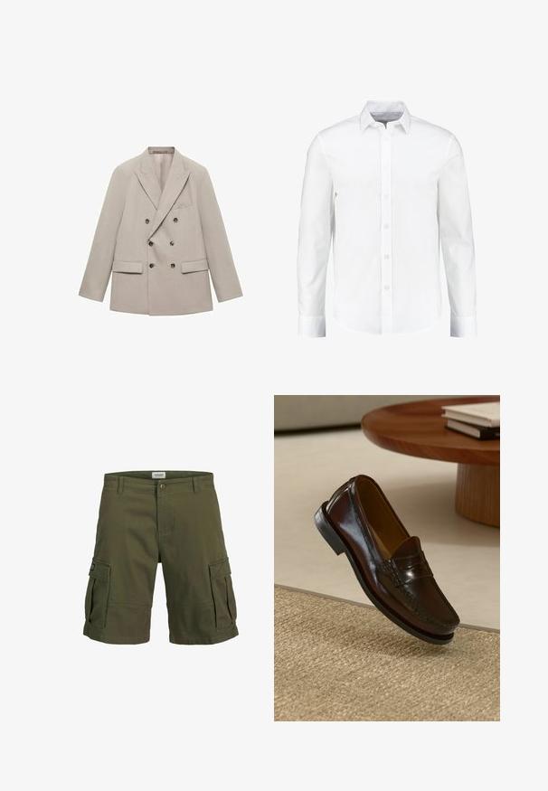 Béžový dvojřadý blazer vyrobený z hladké tkaniny, s klopovými límci, dvěma předními kapsami a šesti tmavými knoflíky.; Bílá košile s dlouhým rukávem s knoflíkovým zapínáním vyrobená z hladké bavlny. Má klasický límec a zapínání na knoflíky s rovnými lemy.; Olivově zelené cargo šortky vyrobené z bavlny, s dvěma velkými bočními kapsami, zapínáním na knoflík a rovnou siluetou.; Hnědé kožené loafery s lesklým povrchem, zdobené prošíváním vpředu a nízkoprofilovou černou gumovou podrážkou.