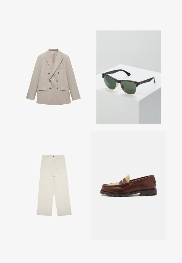 Double-breasted beige blazer made of smooth fabric, featuring notched lapels, two front pockets, and six dark buttons.; White cotton tank top with a round neckline, wide shoulder straps, and a straight hem, featuring a smooth texture and no visible patterns.; Light beige wide-leg trousers made of cotton, featuring front pockets, a single-button closure, and visible stitching details.; Brown leather loafers with a taupe canvas accent, stitched detail, and a textured rubber sole designed for comfort and durability.; Ray-Ban sunglasses with green lenses, black plastic frames, and gold accents at the edges. Square shape with a matte finish.