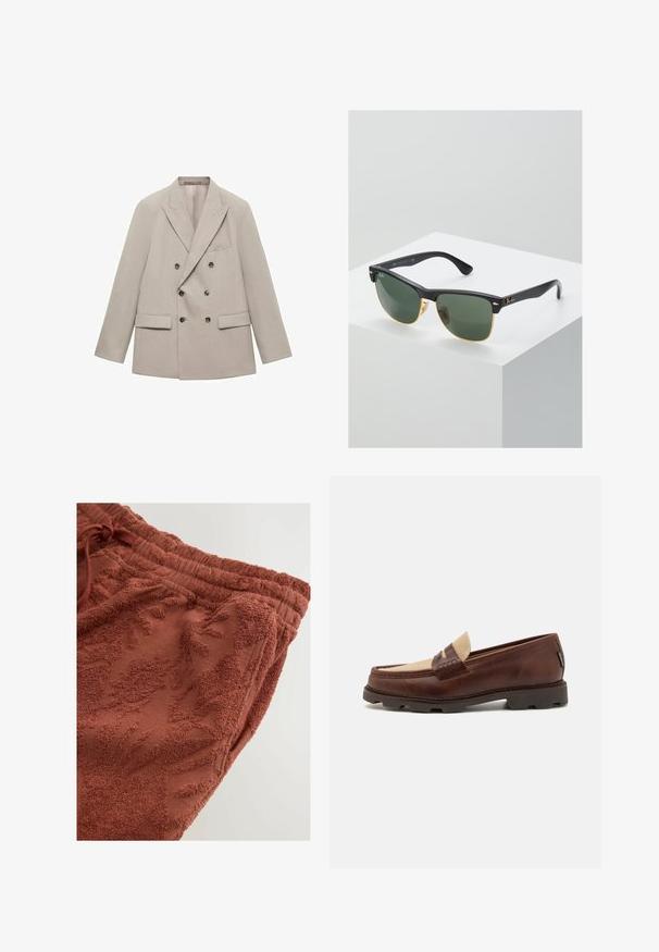 Double-breasted beige blazer made of smooth fabric, featuring notched lapels, two front pockets, and six dark buttons.; White cotton tank top with a round neckline, wide shoulder straps, and a straight hem, featuring a smooth texture and no visible patterns.; Terracotta sweatpants featuring a textured floral design, elastic waistband with drawstring, and soft, plush fabric for comfort.; Brown leather loafers with a taupe canvas accent, stitched detail, and a textured rubber sole designed for comfort and durability.; Ray-Ban sunglasses with green lenses, black plastic frames, and gold accents at the edges. Square shape with a matte finish.