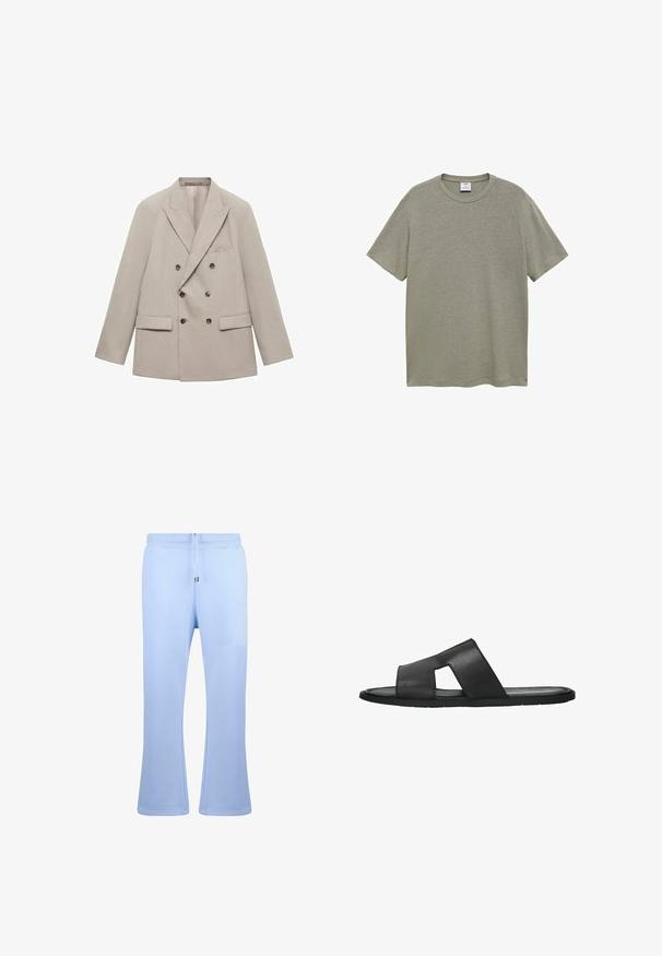 Double-breasted beige blazer made of smooth fabric, featuring notched lapels, two front pockets, and six dark buttons.; Plain short-sleeve t-shirt in light olive green, made of soft fabric, featuring a crew neck and a relaxed fit. No patterns or graphics.; Dropsize OPEN LEG - Tracksuit bottoms - babyblue; Black leather slide sandal with an open toe and two cross straps, featuring a cut-out design. Flexible rubber sole. Smooth texture.