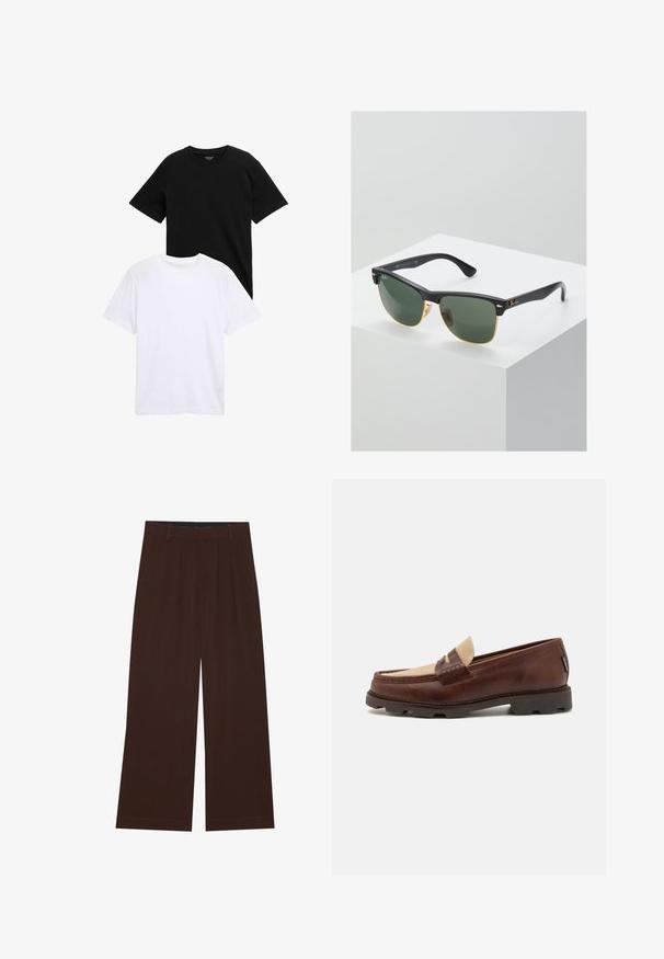 Dobbeltbrystet beige blazer lavet af glat stof, med klapkrave, to frontlommer og seks mørke knapper.; Kortærmede T-shirts i sort og hvid bomuld, med rund hals og en glat tekstur. Begge skjorter vises stablet.; Brune bredbenede bukser med plisseringer. Lavet af et glat stof, der har en skræddersyet talje og sidelommer. Flad kant nederst.; Brune læder loafers med en taupe canvas detalje, syet pynt og en tekstureret gummisål, der er designet til komfort og holdbarhed.; Ray-Ban solbriller med grønne linser, sorte plastikstel og gyldne detaljer ved kanterne. Firkantet form med mat finish.