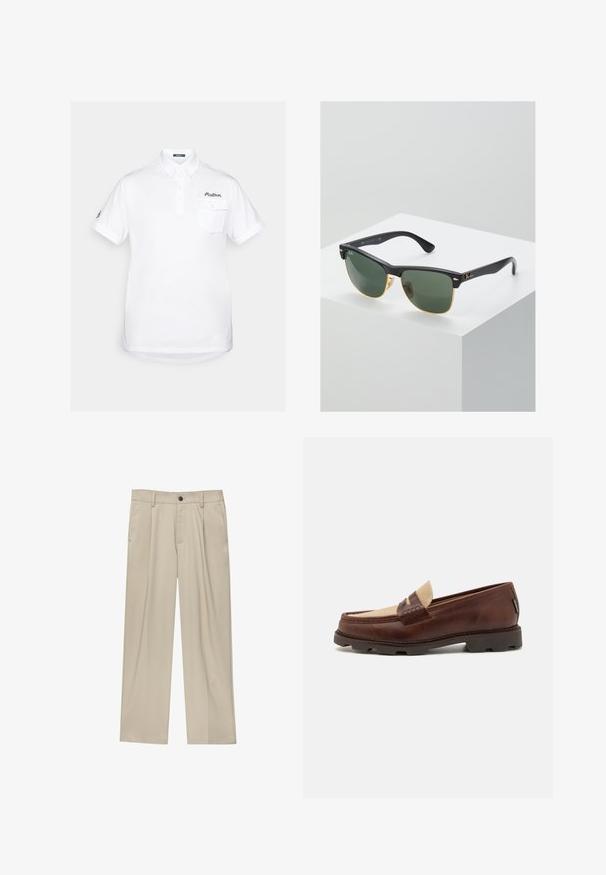 Beige tuplapukkinen bleiseri, joka on valmistettu sileästä kankaasta. Bleiserissä on hammasläppäkaulus, kaksi etutaskua ja kuusi tummaa nappia.; Valkoinen puuvillapaita, jossa on lyhyet hihat, terävä kaulus, kolme nappia ja rintatasku. Sisältää brodeeratun logon.; Beige-housut suoran leikkauksen omaavina, joissa on yksi musta nappi, vyölenkit ja sivutaskut. Sileä kangas ja minimalisti muotoilu.; Bordeaux nahkahiusut, joissa on harmahtava kangasasennus, tikkausyksityiskohtia ja teksturoitu kumipohja, joka on suunniteltu mukavuutta ja kestävyyttä varten.; Ray-Ban aurinkolasit, joissa on vihreät linssit, mustat muovikehykset ja kultaiset yksityiskohdat reunoilla. Neliön muoto, jossa on mattapinta.