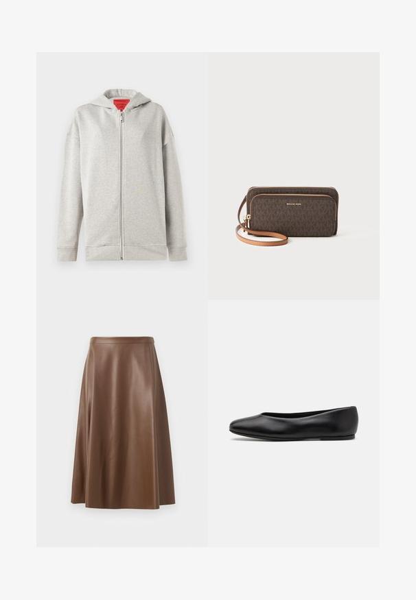 Blazer doppiopetto grigio chiaro in tessuto testurizzato, con revers a punta, due tasche frontali e bottoni neri. Fodera interna beige.; Felpa con zip grigia chiara dal tessuto morbido, con zip frontale e cappuccio. Design semplice, senza motivi o ulteriori dettagli.; Canotta nera con spalline sottili, realizzata in un tessuto a coste, caratterizzata da un taglio dritto e un'etichetta sul collo che recita "IVY OAK."; Gonna A-line in pelle marrone con una texture liscia e un orlo di lunghezza media. Presenta una vita aderente e una leggera svasatura dai fianchi.; Paul Smith TOPANGA - Ballerine - black; Portafoglio marrone con motivo, chiusura con zip, hardware dorato e tracolla staccabile marrone chiaro. Presenta il logo "MICHAEL KORS" sul davanti.