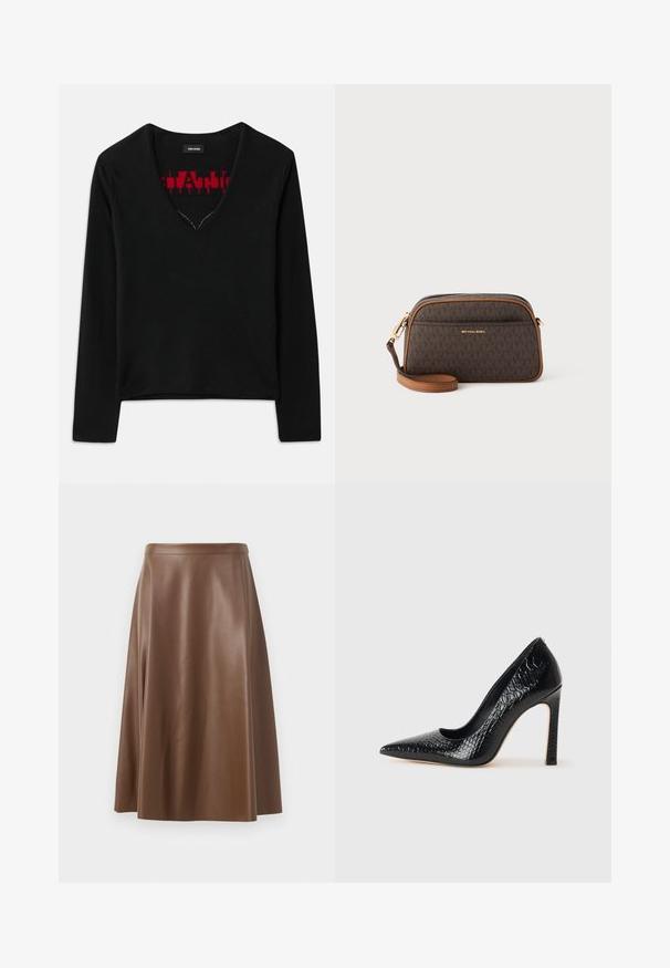 Dobbeltknappet blazer i lysegrå med tekstureret stof, vendte revers, to frontlommer og sorte knapper. Indersiden foret i beige.; Sort langærmet top med V-hals, der har et kontrasterende rødt strikkemønster indeni. Glat tekstur, minimalistisk design og standart pasform.; Sort tanktop med tynde spaghetti-stropper, lavet af et ribbet stof, med en lige skæring og et mærke ved halsudskæringen, der står "IVY OAK."; Brun læder A-line nederdel med en glat tekstur og en mellemlang kant. Har en tætsiddende talje og en let flair fra hoften.; Sorte spidse tå stiletto-sko i krokodilleskind med et strømlinet design, høj hæl og glat sort inderside.; Brun crossbody taske med monogrammønster, tan detaljer, guldfarvet hardware, lynlåslukning og justerbar læderrem.