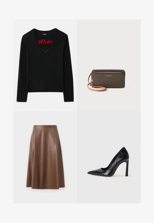 Double-breasted blazer in light gray with textured fabric, notched lapels, two front pockets, and black buttons. Interior lined in beige.; Black long-sleeve top with a V-neckline, featuring a contrasting red knit pattern inside. Smooth texture, minimalistic design, and standard fit.; Black tank top with thin spaghetti straps, made of a ribbed fabric, featuring a straight cut and a label at the neckline reading "IVY OAK."; Brown leather A-line skirt with a smooth texture and a mid-length hem. Features a fitted waistband and a slight flare from the hips.; Black pointed-toe high heel shoe with a crocodile-skin texture, featuring a sleek design, high stiletto heel, and smooth black interior.; Brown patterned wallet with a zip closure, gold hardware, and a detachable tan strap. Features the "MICHAEL KORS" logo on the front.