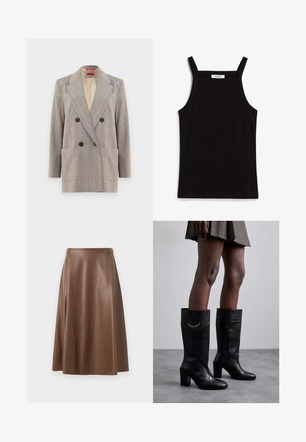 Švarkas su dvigubu užsegimu šviesiai pilkos spalvos su tekstūruotu audiniu, su įplore lapais, dviem priekinėm kišenėm ir juodais mygtukais. Vidus išklotas smėlio spalvos.; Juodas topas su plonais spaghetti petnešomis, pagamintas iš rausvos medžiagos, turintis tiesų kirpimą ir etiketę prie iškirpės, ant kurios parašyta "IVY OAK."; Ruda odinė A formos sijonas su lygiu paviršiumi ir vidutinio ilgio hemu. Yra prigludusi juosmens linija ir švelnus šonų išplatėjimas.; Zadig & Voltaire PREISER TUBE - Batai - noir