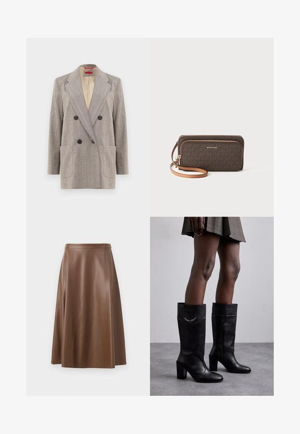 Dwurzędowa marynarka w jasnoszarym kolorze z teksturowanej tkaniny, z klapami typu notch, dwoma przednimi kieszeniami i czarnymi guzikami. Wnętrze podszyte beżem.; Czarny top na ramiączkach z cienkimi spaghetti, wykonany z żebrowanej tkaniny, z prostym krojem i metką przy wycięciu na szyję z napisem "IVY OAK."; Brązowa skórzana spódnica w kształcie litery A o gładkiej fakturze i długości midi. Posiada dopasowany pas w talii i lekko rozszerza się od bioder.; Zadig & Voltaire PREISER czarny; Brązowy portfel w wzory z zamknięciem na zamek, złotymi elementami i odczepianym beżowym paskiem. Na przodzie widnieje logo "MICHAEL KORS".