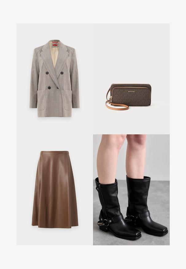 Heled kohalike õmblustega hall kahe nööbiga bleiser, millel on tekstureeritud kude, lõigatud krae, kaks esist pocketit ja mustad nupud. Sisevooder on beež.; Must must vest, mille õhukeste spagettiratastega, ribakanga materjalist, sirge lõikega ja kaela piirkonnas sildi "IVY OAK".; Pruun nahkne A-line seelik, millel on sile tekstuur ja keskmise pikkusega lõhik. Omab sobivat vöökohta ja kerget laienemist puusadelt.; Mustad mustad kõrge teksad mustast nahast ruudukujulise varbaga, külgrihmaga ja reguleeritava rihmaga, millel on metallketi aksent. Mati viimistlus ja tugev tald.; Pruun mustriga rahakott, millel on tõmbluku sulg, kuldne riistvara ja eemaldatav helepruun rihm. Ees on "MICHAEL KORS" logo.