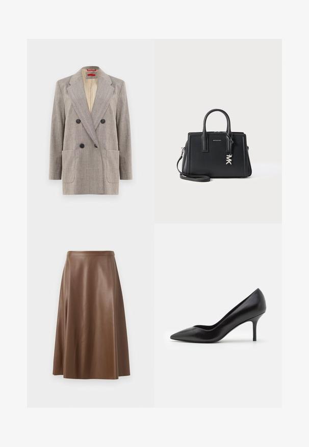 Doppelt geknöpfter Blazer in Hellgrau aus strukturiertem Stoff, mit Reverskragen, zwei vorderen Taschen und schwarzen Knöpfen. Innenstoff in Beige.; Schwarzes Tanktop mit dünnen Spaghetti-Trägern, aus geripptem Stoff, mit geradem Schnitt und einem Etikett am Hals, auf dem "IVY OAK" steht.; Brauer A-Linie Rock aus Leder mit glatter Textur und mittellangem Saum. Verfügt über einen taillierten Bund und eine leichte Ausweitung ab den Hüften.; Schwarze Leder-Pumps mit hohem Absatz, spitzer Zehenform und schlanker Stiletto-Ferse, glatte Textur mit minimalen Details.; Schwarze Lederhandtasche mit strukturiertem Design, doppelten Griffen, abnehmbarem Schultergurt und silbernem MK-Anhänger. Texturierte Oberfläche.