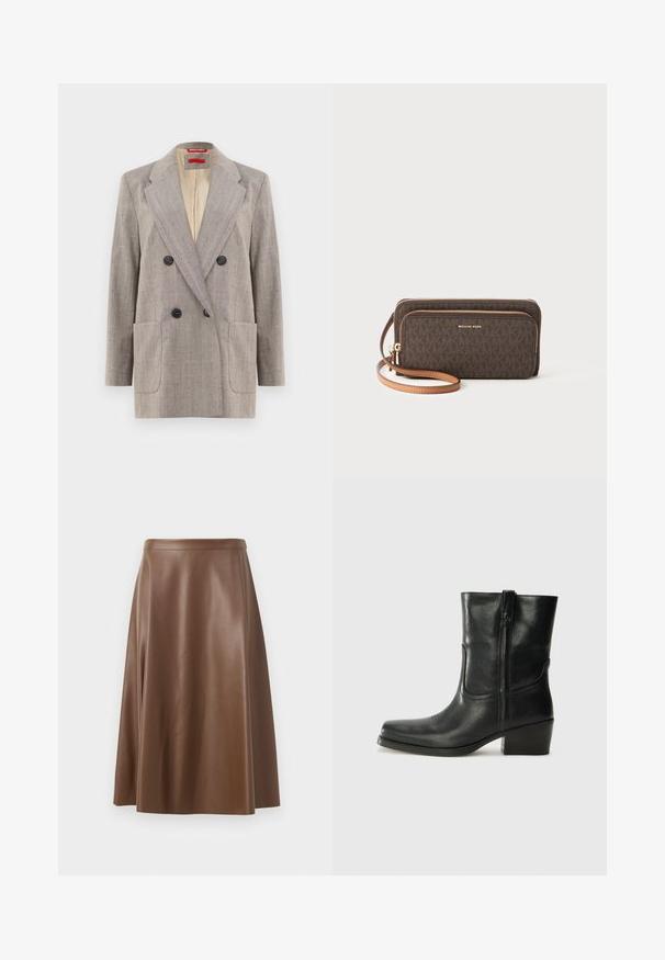 Double-breasted blazer in light gray with textured fabric, notched lapels, two front pockets, and black buttons. Interior lined in beige.; Black tank top with thin spaghetti straps, made of a ribbed fabric, featuring a straight cut and a label at the neckline reading "IVY OAK."; Brown leather A-line skirt with a smooth texture and a mid-length hem. Features a fitted waistband and a slight flare from the hips.; Black leather ankle boot with a rounded toe, block heel, side zipper, and stitching accents on the vamp. Smooth texture, classic design.; Brown patterned wallet with a zip closure, gold hardware, and a detachable tan strap. Features the "MICHAEL KORS" logo on the front.