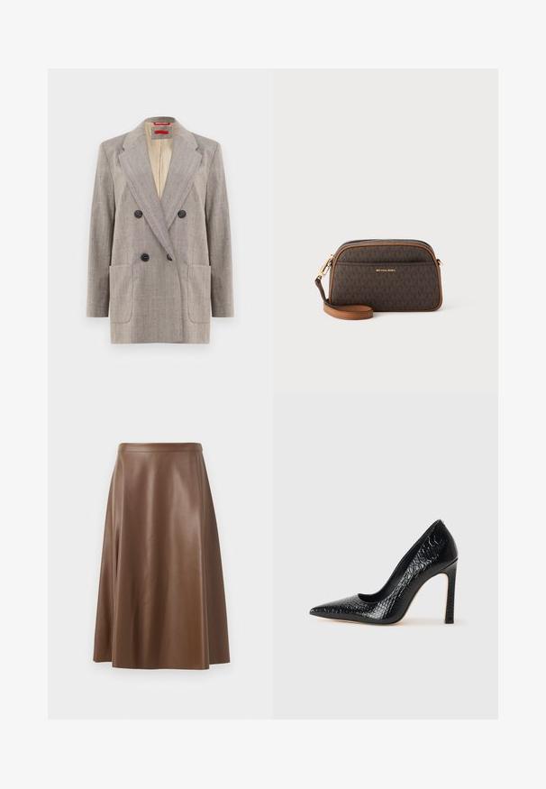 Világosszürke, dupla soros blézer textúrált anyagból, kihajtott gallérral, két elülső zsebbel és fekete gombokkal. Belső része bézs színű bélésű.; Fekete ujjatlan felső, vékony spagetti pántokkal, bordás anyagból készült, egyenes vonalú fazonnal, a nyakrészen "IVY OAK" felirattal.; Barna bőrből készült A-vonalú szoknya sima textúrával és közepes hosszúságú szegéllyel. Fitted derékrésszel rendelkezik és enyhén bővül a csípőnél.; Fekete hegyes orrú magassarkú cipő krokodilbőr textúrával, letisztult dizájnnal, magas tűsarkú és sima fekete belső résszel.; Barna keresztbeboruló táska monogramos mintával, bézs díszítésekkel, arany fémrészletekkel, cipzáras záródással és állítható bőrszíjjal.