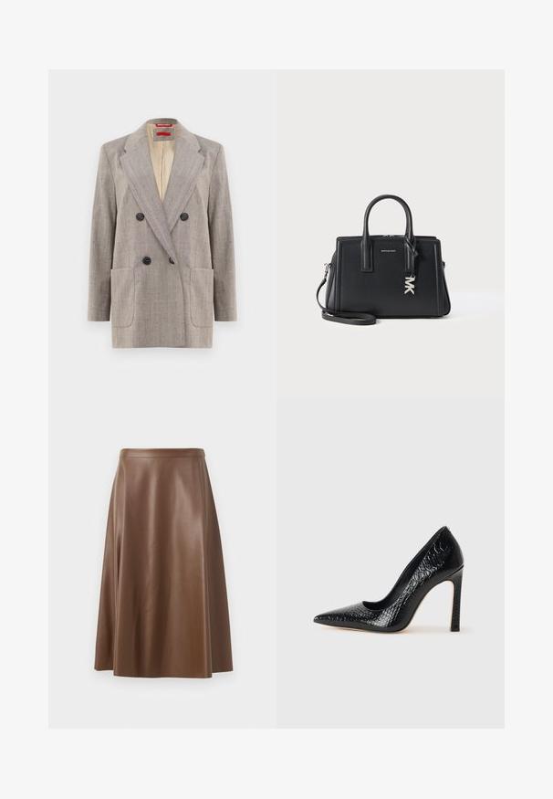 Dubbelknäppt kavaj i ljusgrått med texturerad tyg, slagkrage, två frontfickor och svarta knappar. Innerfoder i beige.; Svart linne med tunna spaghetti-remmar, tillverkat av ett ribbat tyg, med rak skärning och en etikett vid halsringningen som säger "IVY OAK."; Brun läder A-linje kjol med en slät struktur och medellång fåll. Har en åtsittande midja och en lätt utsvängning från höfterna.; Svart spetsig högklackad sko med krokodilskinnsstruktur, som har en elegant design, hög stilettklack och en slät svart innersula.; Svart läderhandväska med strukturerad design, dubbla handtag, avtagbar axelrem och silverfärgad MK-pendantdetalj. Texturerad yta.