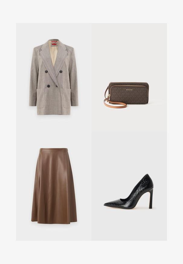 Dobbeltknappet blazer i lysegrå med tekstureret stof, vendte revers, to frontlommer og sorte knapper. Indersiden foret i beige.; Sort tanktop med tynde spaghetti-stropper, lavet af et ribbet stof, med en lige skæring og et mærke ved halsudskæringen, der står "IVY OAK."; Brun læder A-line nederdel med en glat tekstur og en mellemlang kant. Har en tætsiddende talje og en let flair fra hoften.; Sorte spidse tå stiletto-sko i krokodilleskind med et strømlinet design, høj hæl og glat sort inderside.; Brun mønstret pung med lynlåslukning, gyldent hardware og en aftagelig beige rem. Har "MICHAEL KORS" logoen på fronten.