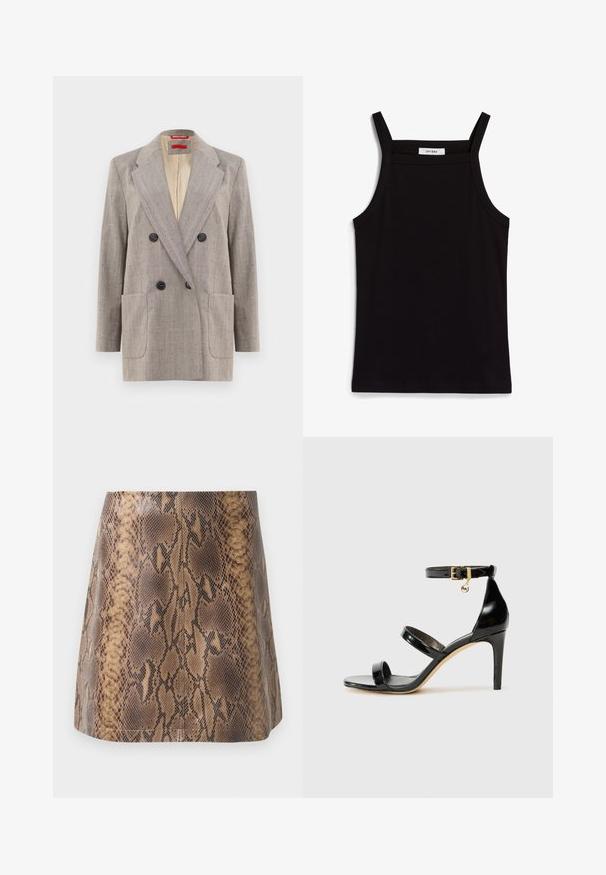 Dubbelzijdige blazer in lichtgrijs met een textuurstof, met afgeronde revers, twee voorkruiszakken en zwarte knopen. Binnenkant gevoerd met beige.; Zwarte tanktop met dunne spaghettibandjes, gemaakt van ribstof, met een rechte snit en een label op de hals dat "IVY OAK" zegt.; Bruine slangenprint mini rok van faux leer, met een soepele textuur, een aansluitende pasvorm en subtiele naaddetails.; Zwarte gepatineerde leren sandaal met drie banden, enkelgesp en 10 cm hoge stiletto hak. Bevat gouden hardwaredetails en een logo charm.