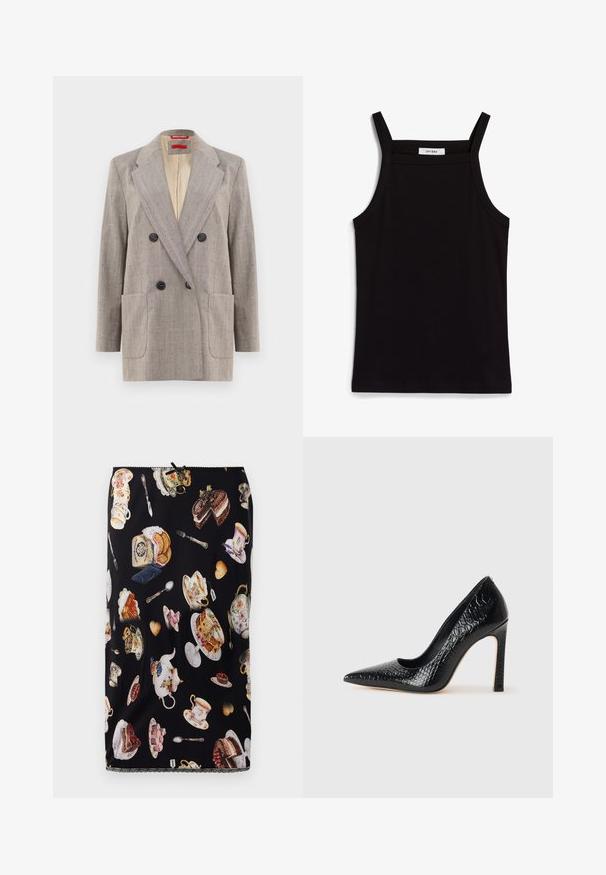 Heled kohalike õmblustega hall kahe nööbiga bleiser, millel on tekstureeritud kude, lõigatud krae, kaks esist pocketit ja mustad nupud. Sisevooder on beež.; Must must vest, mille õhukeste spagettiratastega, ribakanga materjalist, sirge lõikega ja kaela piirkonnas sildi "IVY OAK".; Mustreeritud must kleit, millel on teetasside, kookide ja maiustuste kujutised, detailsete illustreeringute ja dekoratiivse pitsäärega.; Mustan teravaotsaga kõrge kontsaga king, millel on krokodillimustriga tekstuur, stiilne disain, kõrge stilettokonts ja sile must sisesisustus.