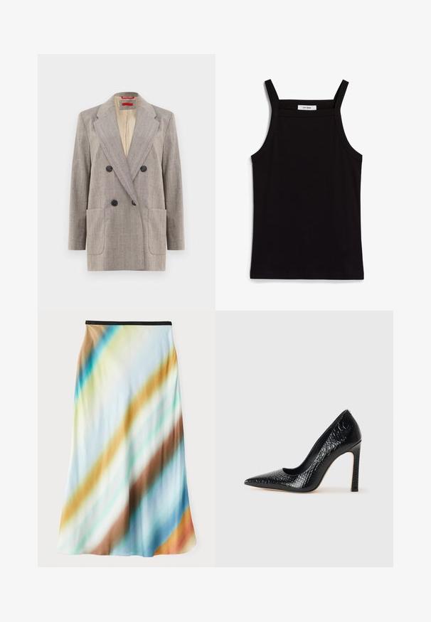 Švarkas su dvigubu užsegimu šviesiai pilkos spalvos su tekstūruotu audiniu, su įplore lapais, dviem priekinėm kišenėm ir juodais mygtukais. Vidus išklotas smėlio spalvos.; Juodas topas su plonais spaghetti petnešomis, pagamintas iš rausvos medžiagos, turintis tiesų kirpimą ir etiketę prie iškirpės, ant kurios parašyta "IVY OAK."; Midi sijonas iš lengvos, plaukuojančios medžiagos. Su gradientiniu raštu, kuriame yra įstrižainės juostos mėlyna, ruda ir kremine spalvomis. Juodas juosmuo.; Juoda smailiakulnė aukšto kulno bateliai su krokodilo odos tekstūra, pasižymintys elegantišku dizainu, aukštu stiletu kulnu ir lygia juoda vidine dalimi.