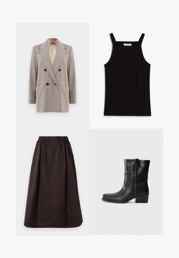 Double-breasted blazer in light gray with textured fabric, notched lapels, two front pockets, and black buttons. Interior lined in beige.; Black tank top with thin spaghetti straps, made of a ribbed fabric, featuring a straight cut and a label at the neckline reading "IVY OAK."; Brown midi-length skirt with elastic waistband and wide hem detail, made of smooth fabric with subtle pleats below the waist.; Black leather ankle boot with a rounded toe, block heel, side zipper, and stitching accents on the vamp. Smooth texture, classic design.