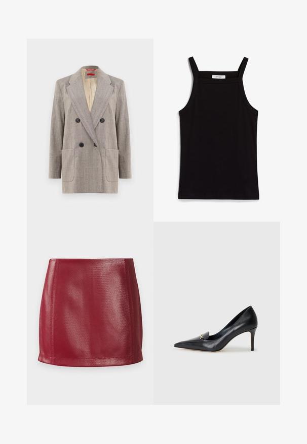 Doppelt geknöpfter Blazer in Hellgrau aus strukturiertem Stoff, mit Reverskragen, zwei vorderen Taschen und schwarzen Knöpfen. Innenstoff in Beige.; Schwarzes Tanktop mit dünnen Spaghetti-Trägern, aus geripptem Stoff, mit geradem Schnitt und einem Etikett am Hals, auf dem "IVY OAK" steht.; Roter Kunstleder-Minirock mit glatter Textur, figurbetontem Design und geradem Saum sowie subtiler Glanz- und diagonaler Musterung.; Schwarzer Lederpumps mit spitzer Zehe, niedrigem Vamp und dekorativem goldenen Akzent. Verfügt über einen Stiletto-Absatz und eine glatte Textur.