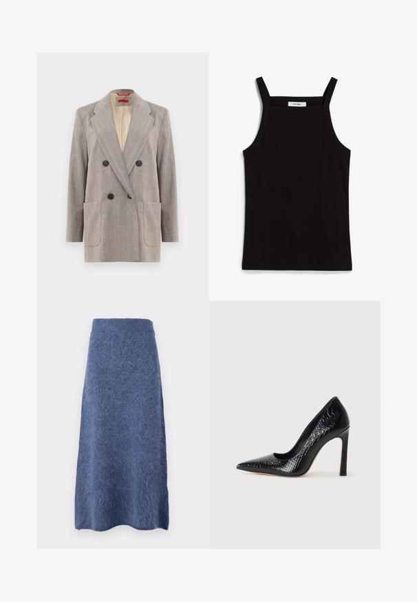 Dubbelknäppt kavaj i ljusgrått med texturerad tyg, slagkrage, två frontfickor och svarta knappar. Innerfoder i beige.; Svart linne med tunna spaghetti-remmar, tillverkat av ett ribbat tyg, med rak skärning och en etikett vid halsringningen som säger "IVY OAK."; Ullkjol i en mjuk blå nyans, med en rak silhuett och texturerad, fluffig tyg. Sömmen är lätt rundad.; Svart spetsig högklackad sko med krokodilskinnsstruktur, som har en elegant design, hög stilettklack och en slät svart innersula.