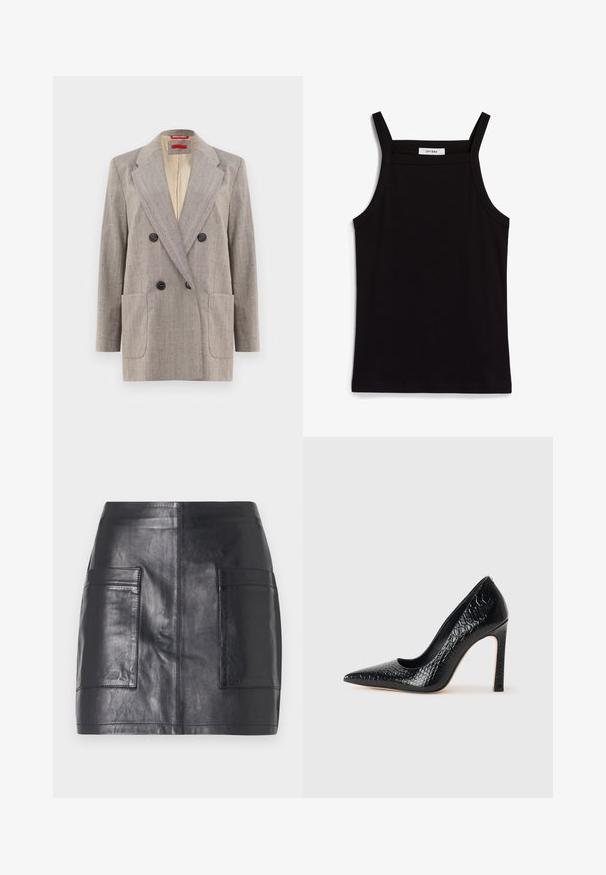 Doppelt geknöpfter Blazer in Hellgrau aus strukturiertem Stoff, mit Reverskragen, zwei vorderen Taschen und schwarzen Knöpfen. Innenstoff in Beige.; Schwarzes Tanktop mit dünnen Spaghetti-Trägern, aus geripptem Stoff, mit geradem Schnitt und einem Etikett am Hals, auf dem "IVY OAK" steht.; Schwarzer Leder-Minirock mit zwei seitlichen Taschen, glatter Textur, tailliertem Schnitt und klaren Linien ohne zusätzliche Verzierungen.; Schwarzer, spitz zulaufender High Heel mit Krokodilleder-Struktur, elegantem Design, hohem Stiletto-Absatz und glattem schwarzen Innenraum.